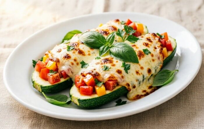 Кабачковые «лодочки», фаршированные овощами и сыром